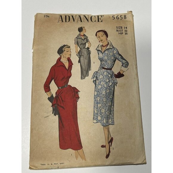 1950s Advance 5658 Pencil Dress Collar Hip Ties Sew Pattern Sz 14 Cut Vtg - Picture 1 of 2